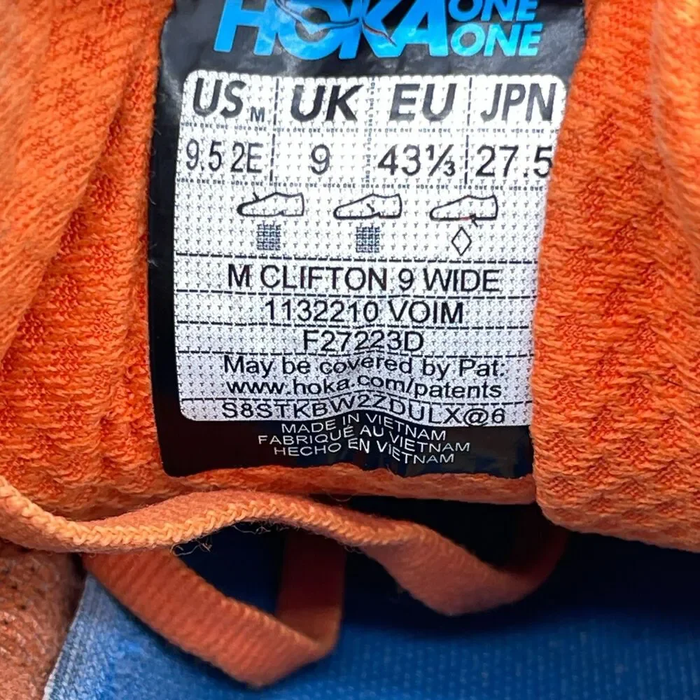 Hoka One One Clifton 9 Shoes Mens Size 9.5 2E Orange Running Comfort Walking Gym